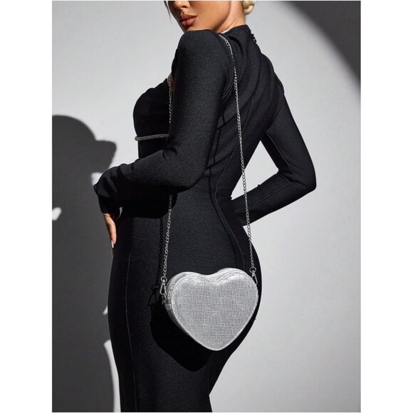 Women's Mini Heart Purse Crossbody Bag Zipper Chain Silver Evening Gift - Picture 3 of 6